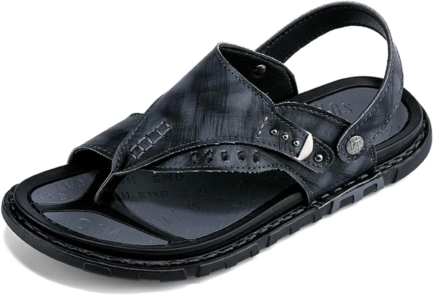 Men's Leather Sandals with Adjustable Strap Black Slip-On Beach Sandals Thong Open Toe Arch Support Non-Slip Soft Comfortable Slide Sandals