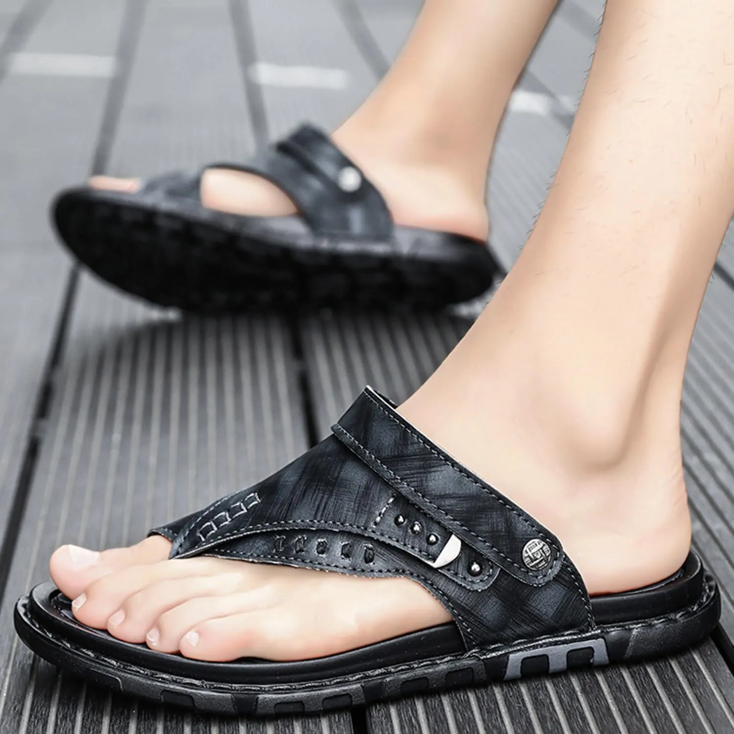 Men's Leather Sandals with Adjustable Strap Black Slip-On Beach Sandals Thong Open Toe Arch Support Non-Slip Soft Comfortable Slide Sandals