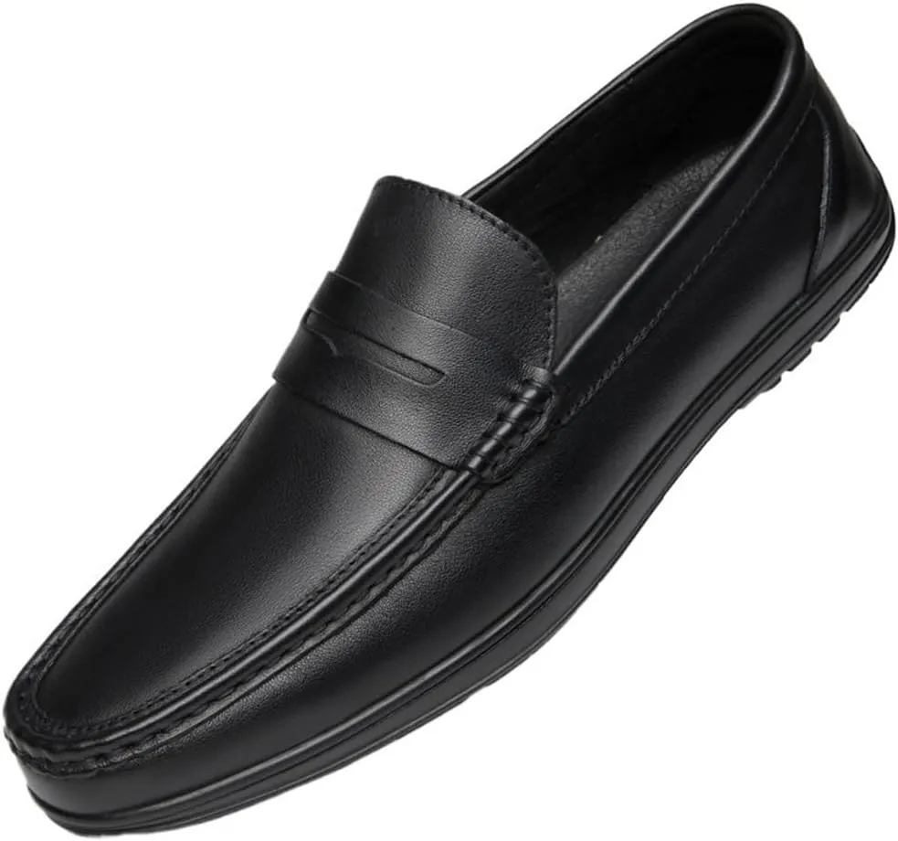 Men's Loafers Round Toe Leather Fashion Slip-on Lightweight Flat Heel Walking