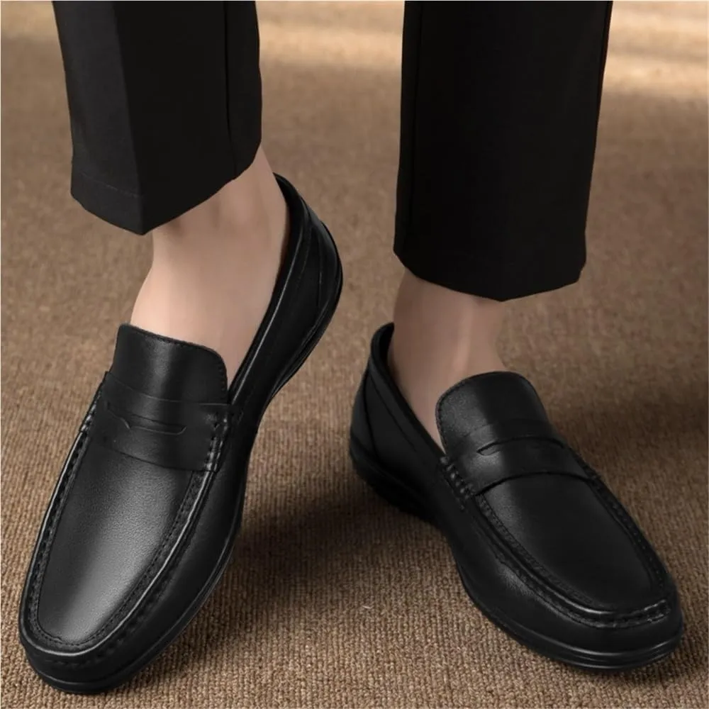Men's Loafers Round Toe Leather Fashion Slip-on Lightweight Flat Heel Walking