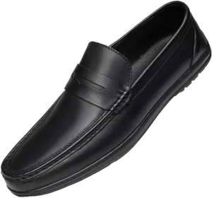 Men's Loafers Round Toe Leather Fashion Slip-on Lightweight Flat Heel Walking