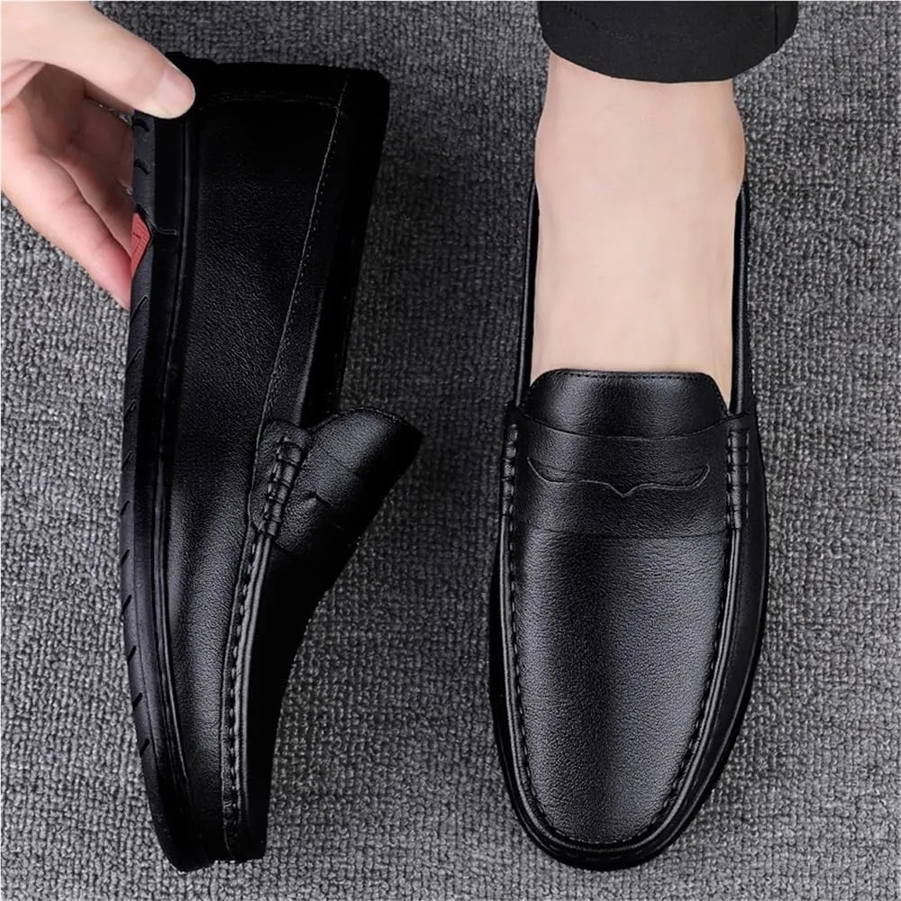 Men's Loafers Round Toe Leather Fashion Slip-on Lightweight Flat Heel Walking