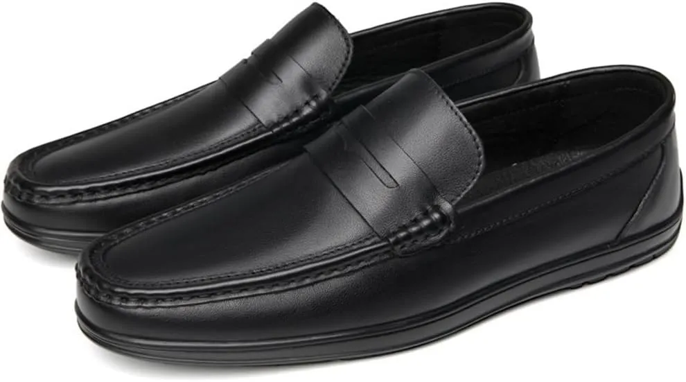 Men's Loafers Round Toe Leather Fashion Slip-on Lightweight Flat Heel Walking