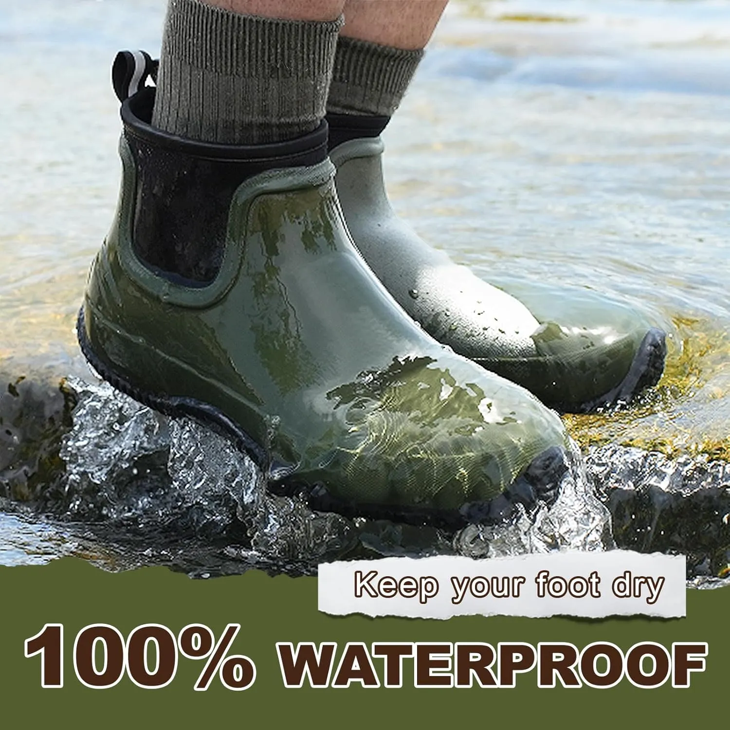 Men's Rain Boots, Waterproof Rubber Garden Boots for Men, Men's Outdoor Work Ankle Shoes, Non Slip Neoprene Rubber Short Mud Boots for Hunting Fishing