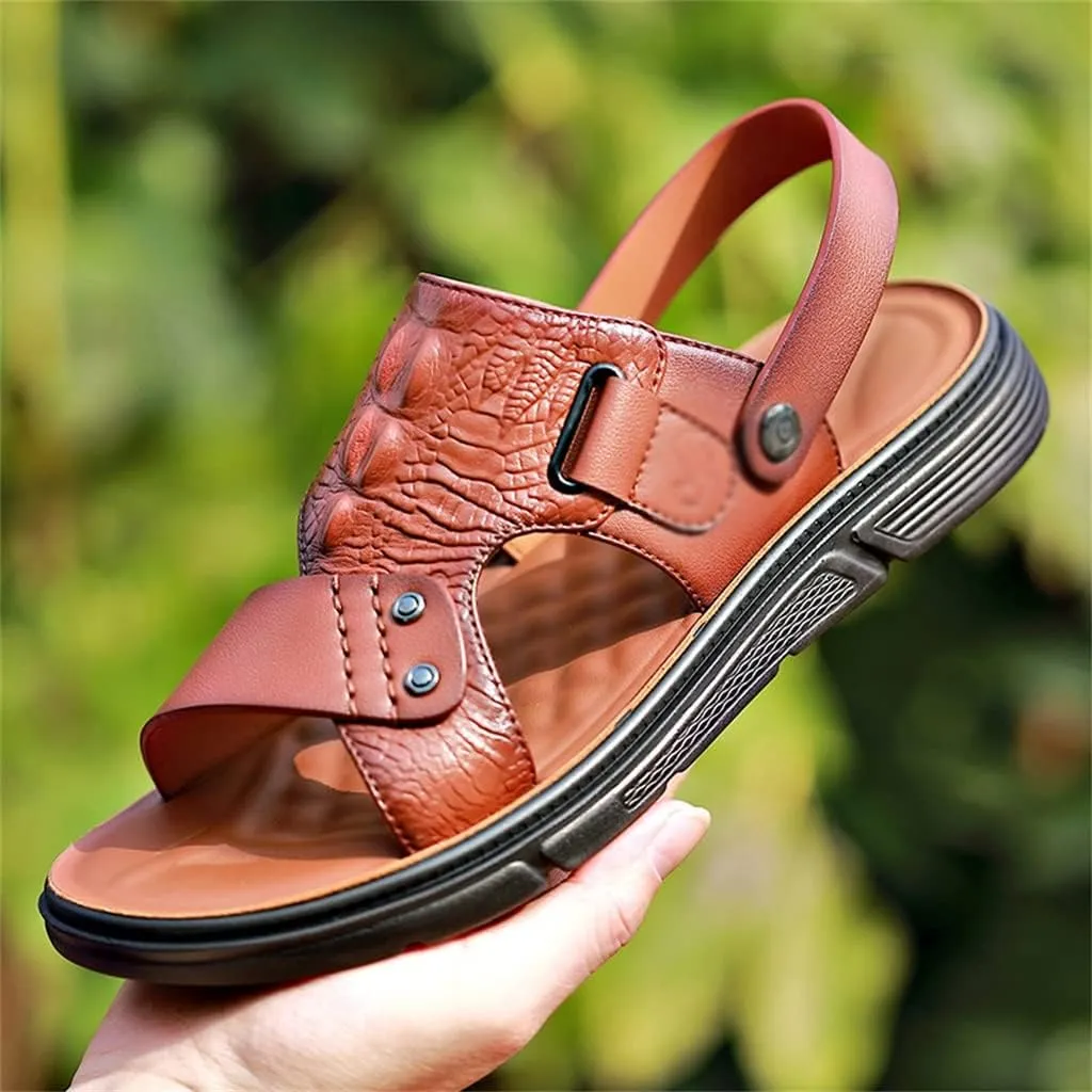 Men's Sandals Slippers Cowhide Genuine Leather Beach Shoes Men's Trend Casual Non-Slip Two Uses Sandals(40)