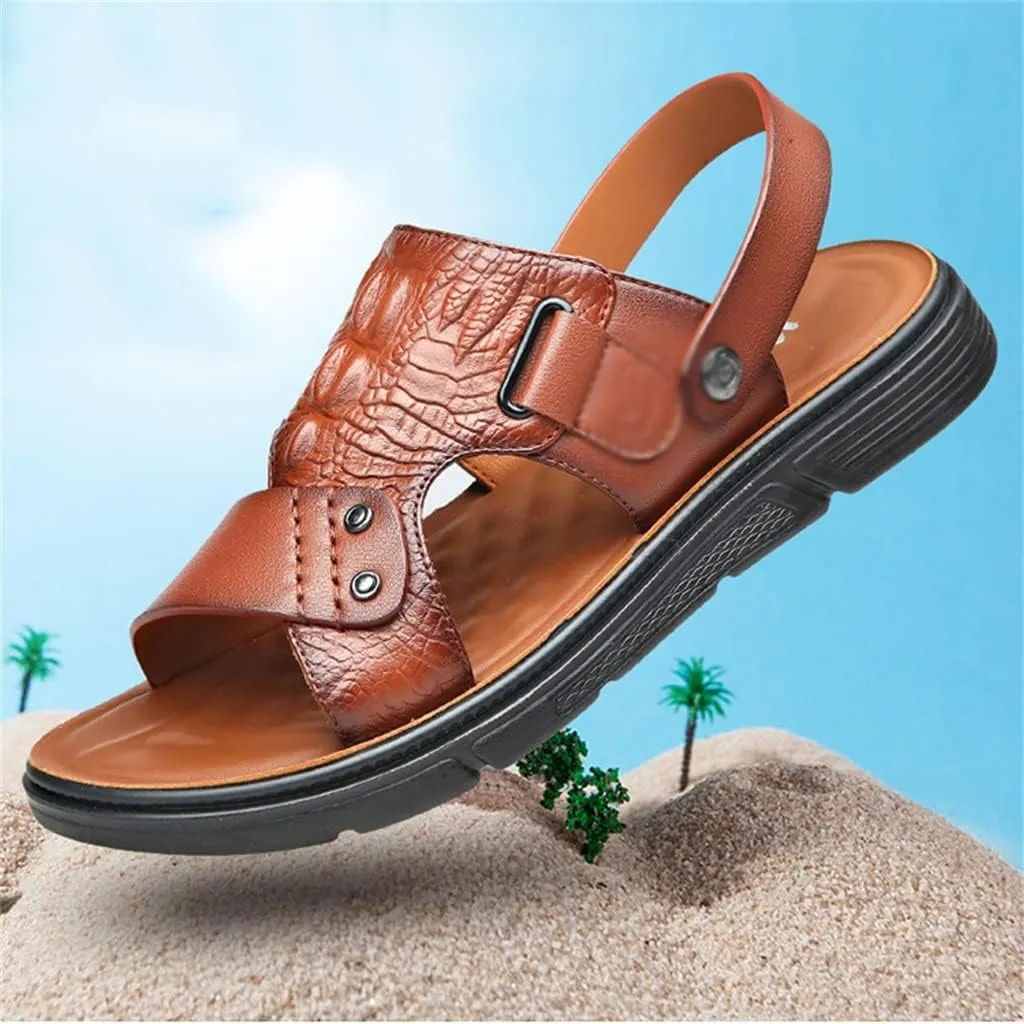 Men's Sandals Slippers Cowhide Genuine Leather Beach Shoes Men's Trend Casual Non-Slip Two Uses Sandals(40)