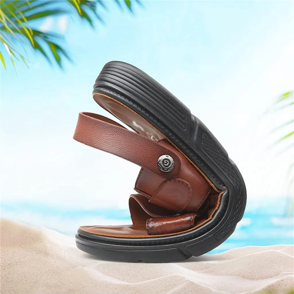 Men's Sandals Slippers Cowhide Genuine Leather Beach Shoes Men's Trend Casual Non-Slip Two Uses Sandals(40)