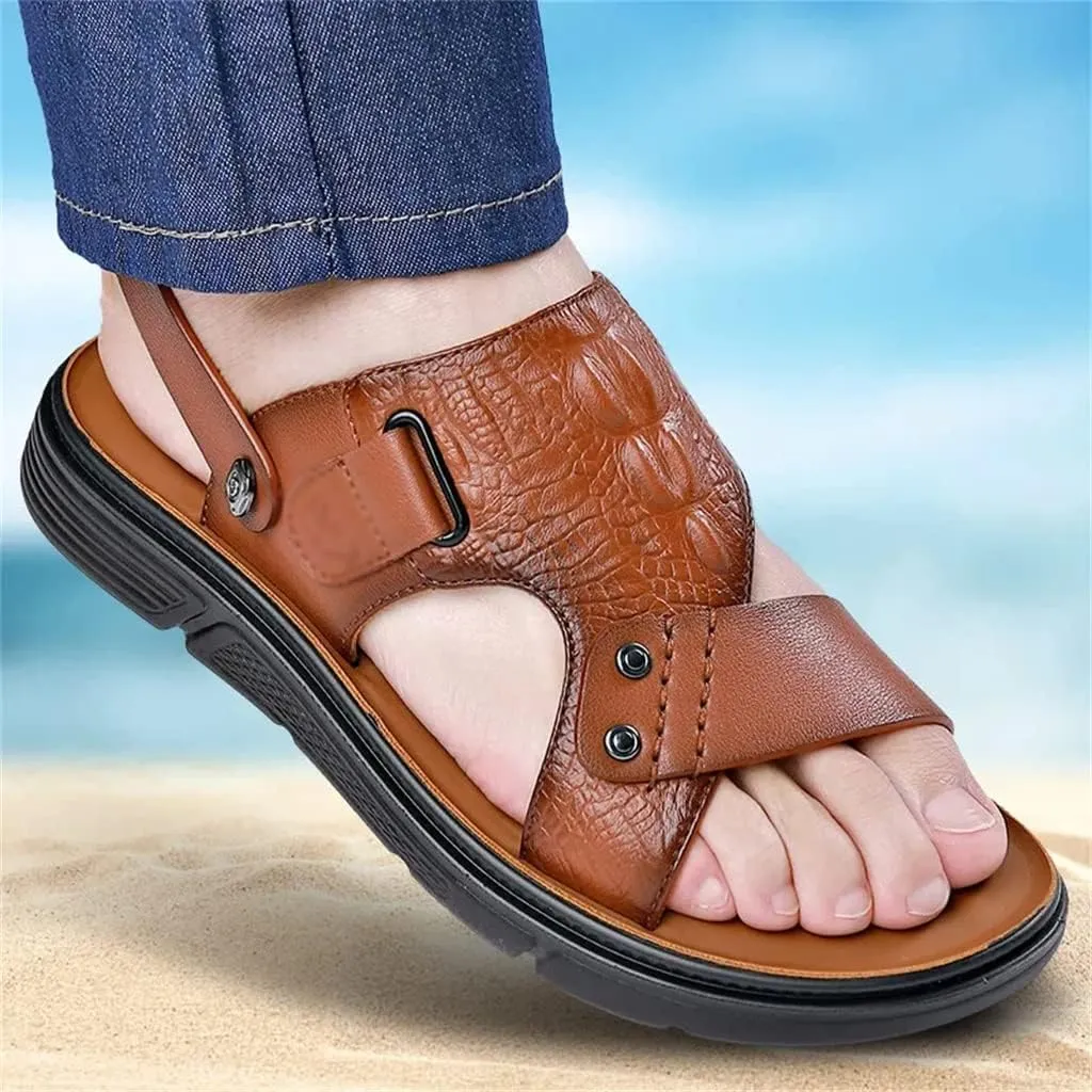 Men's Sandals Slippers Cowhide Genuine Leather Beach Shoes Men's Trend Casual Non-Slip Two Uses Sandals(40)