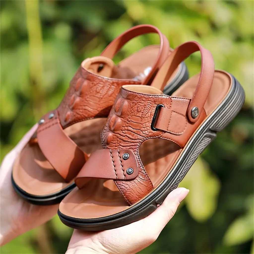 Men's Sandals Slippers Cowhide Genuine Leather Beach Shoes Men's Trend Casual Non-Slip Two Uses Sandals(40)