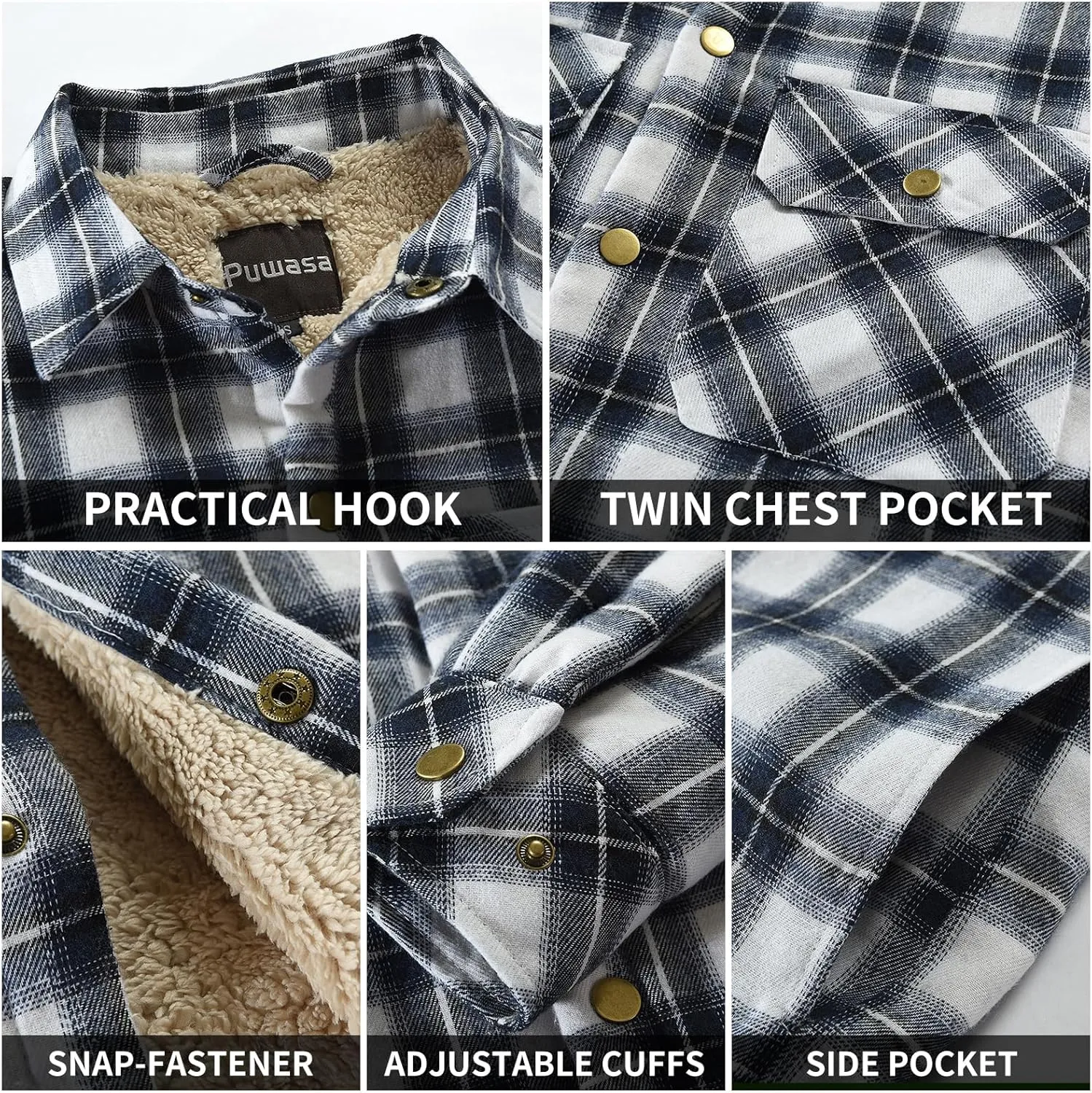 Men's Sherpa Lined Cotton Flannel Shirt Jacket Plaid Button Up Jacket Coat for Men with Pocket
