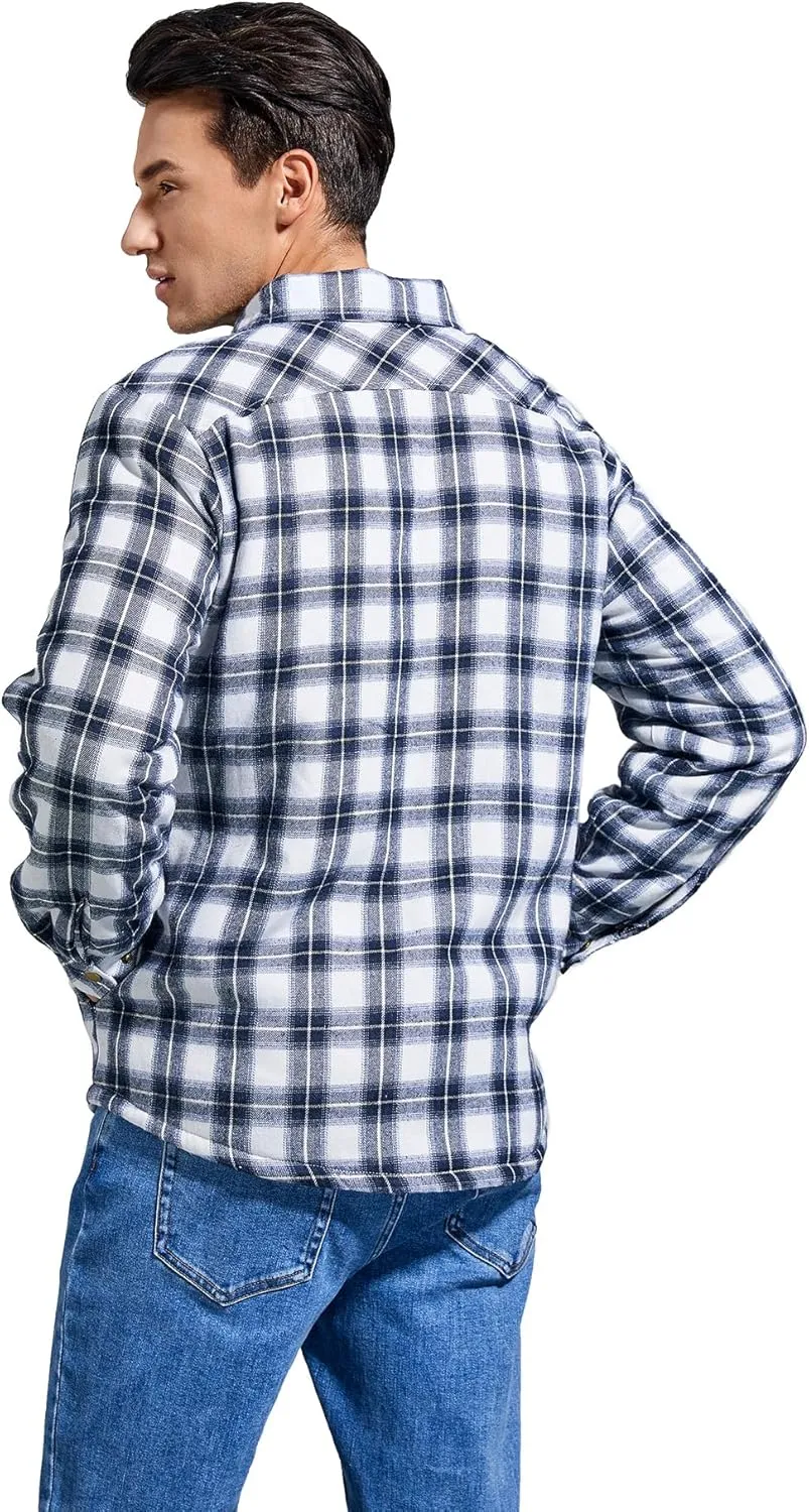 Men's Sherpa Lined Cotton Flannel Shirt Jacket Plaid Button Up Jacket Coat for Men with Pocket
