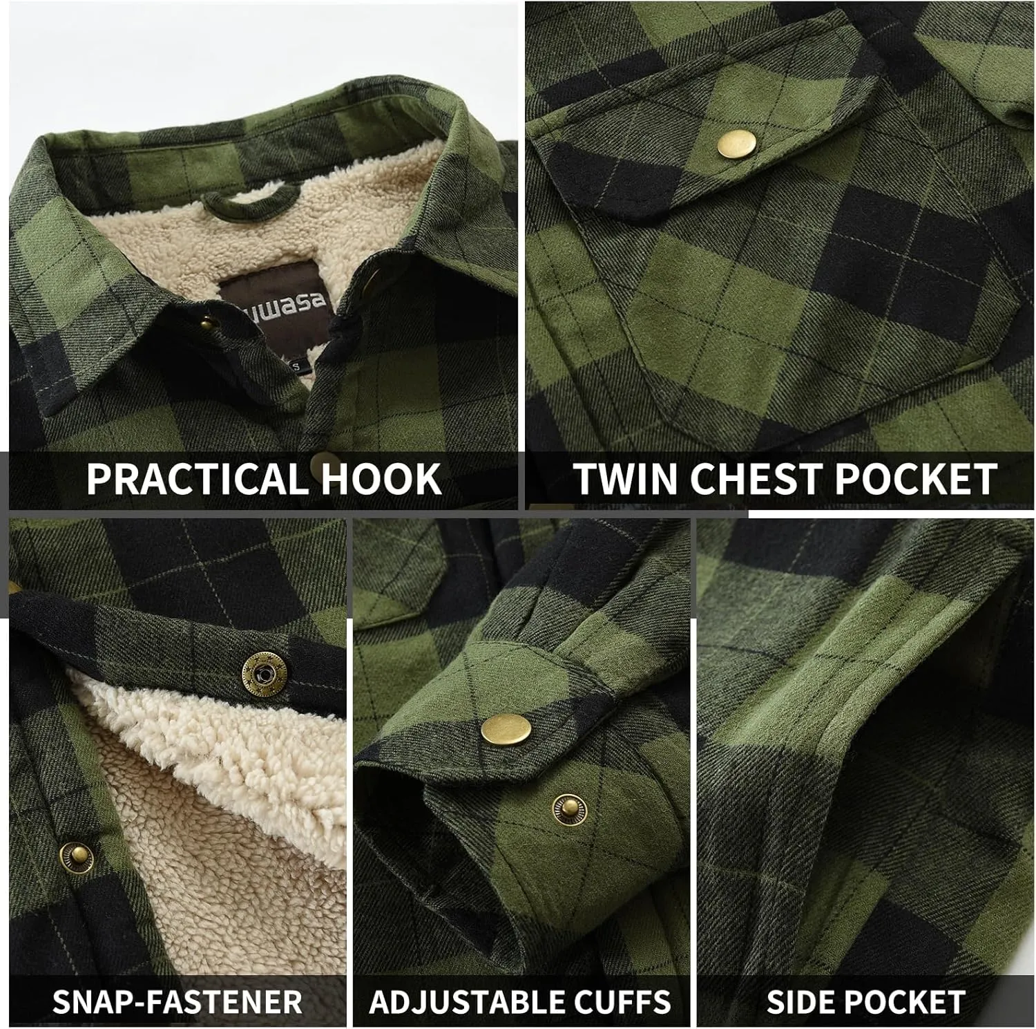 Men's Sherpa Lined Cotton Flannel Shirt Jacket Plaid Button Up Jacket Coat for Men with Pocket