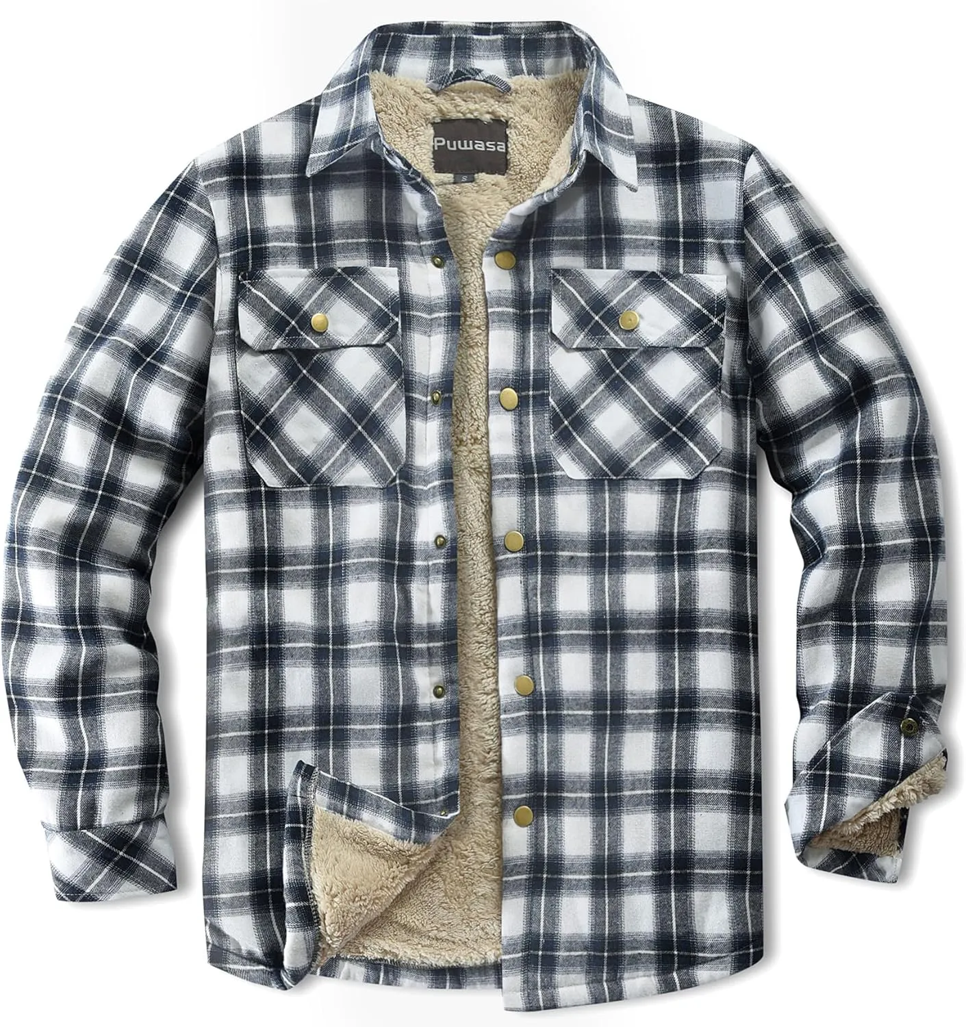 Men's Sherpa Lined Cotton Flannel Shirt Jacket Plaid Button Up Jacket Coat for Men with Pocket