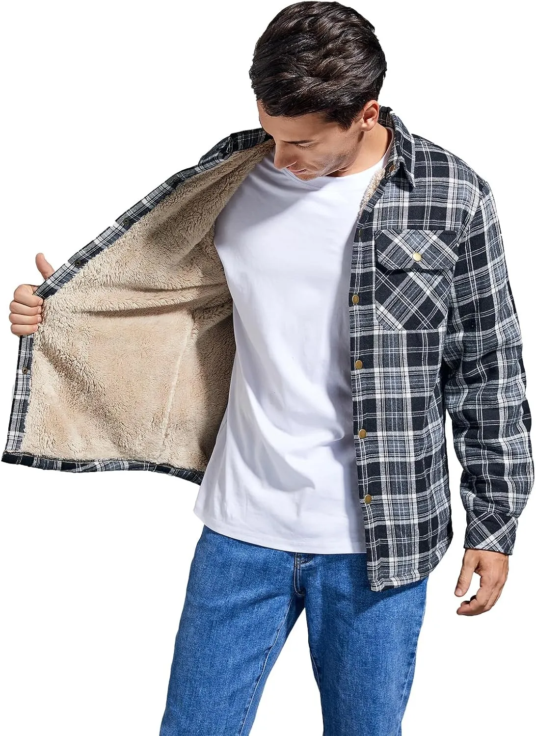 Men's Sherpa Lined Cotton Flannel Shirt Jacket Plaid Button Up Jacket Coat for Men with Pocket