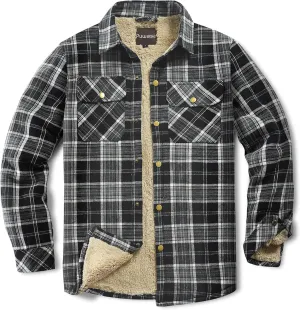 Men's Sherpa Lined Cotton Flannel Shirt Jacket Plaid Button Up Jacket Coat for Men with Pocket