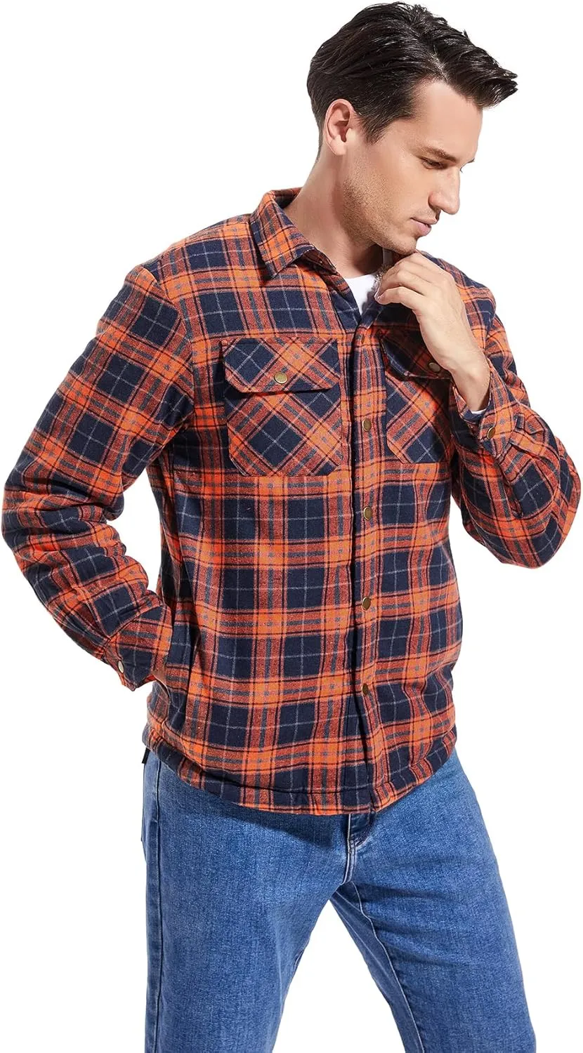 Men's Sherpa Lined Cotton Flannel Shirt Jacket Plaid Button Up Jacket Coat for Men with Pocket