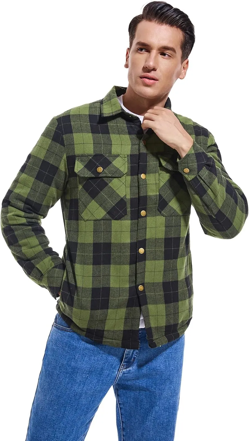 Men's Sherpa Lined Cotton Flannel Shirt Jacket Plaid Button Up Jacket Coat for Men with Pocket