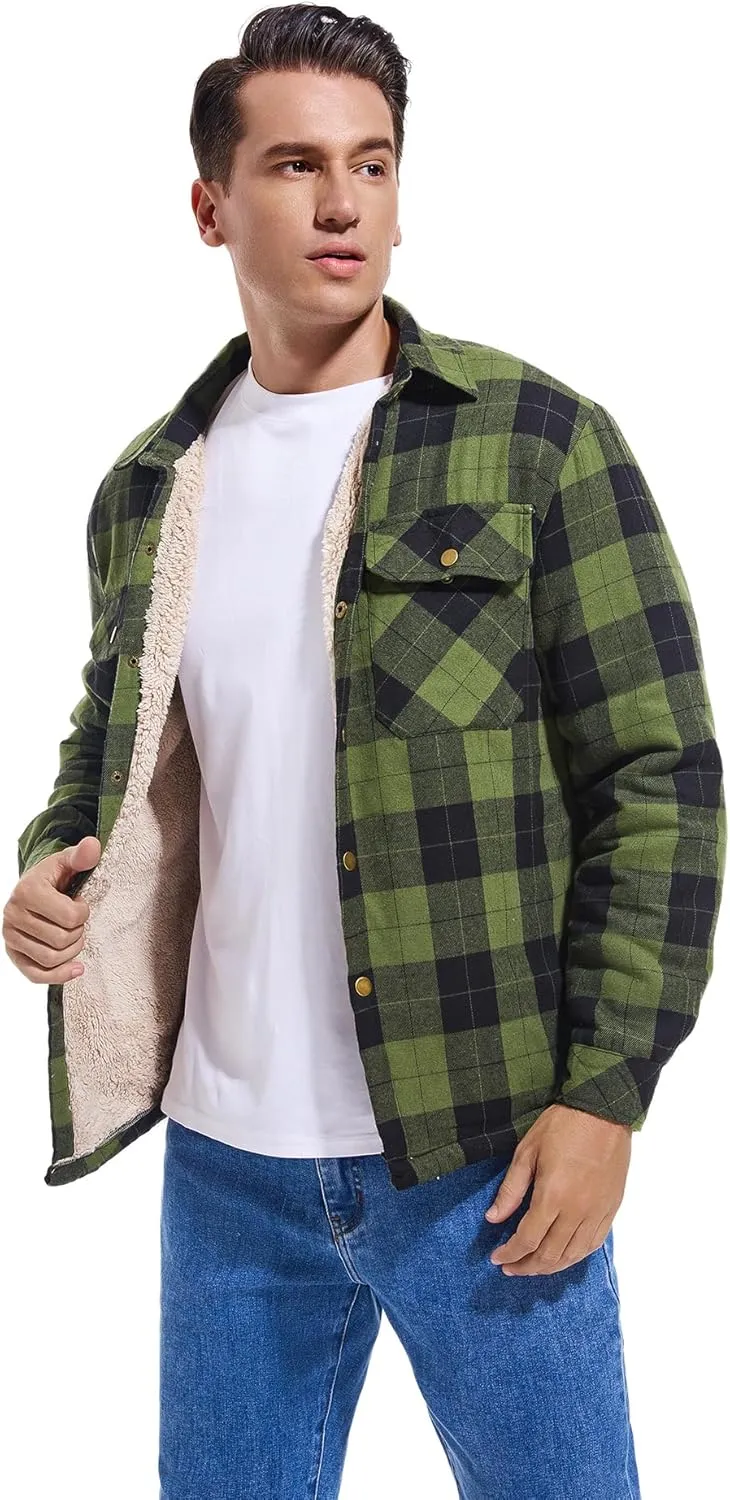 Men's Sherpa Lined Cotton Flannel Shirt Jacket Plaid Button Up Jacket Coat for Men with Pocket