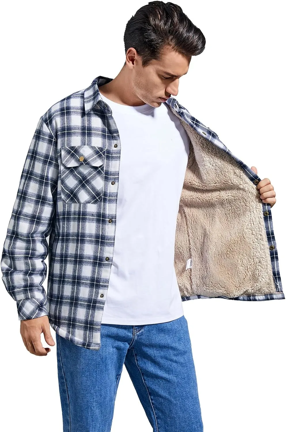 Men's Sherpa Lined Cotton Flannel Shirt Jacket Plaid Button Up Jacket Coat for Men with Pocket