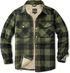 Men's Sherpa Lined Cotton Flannel Shirt Jacket Plaid Button Up Jacket Coat for Men with Pocket