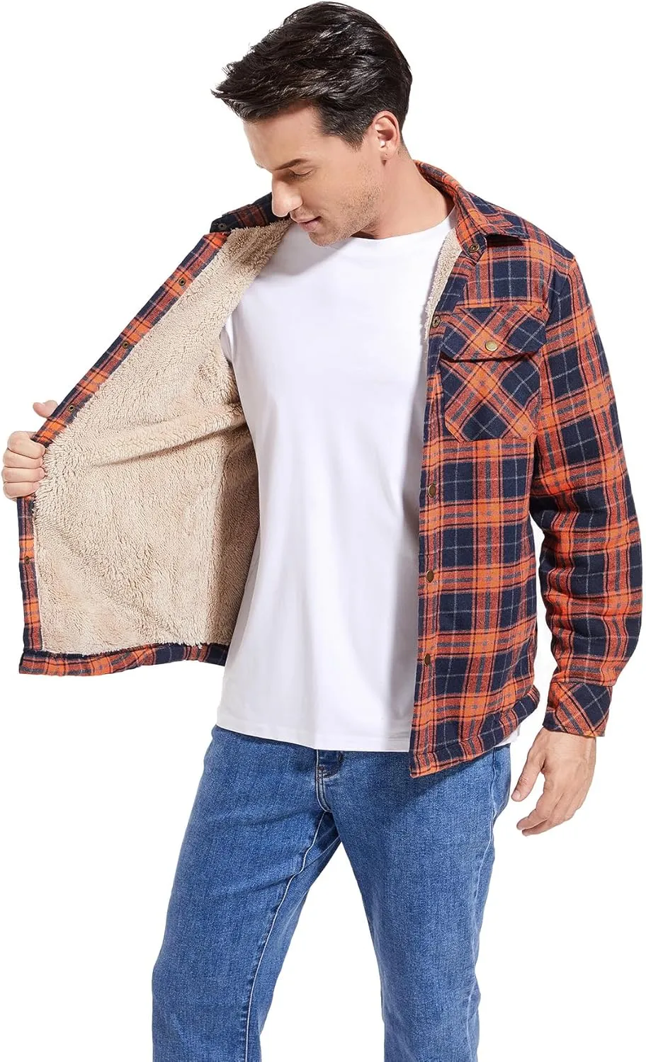 Men's Sherpa Lined Cotton Flannel Shirt Jacket Plaid Button Up Jacket Coat for Men with Pocket