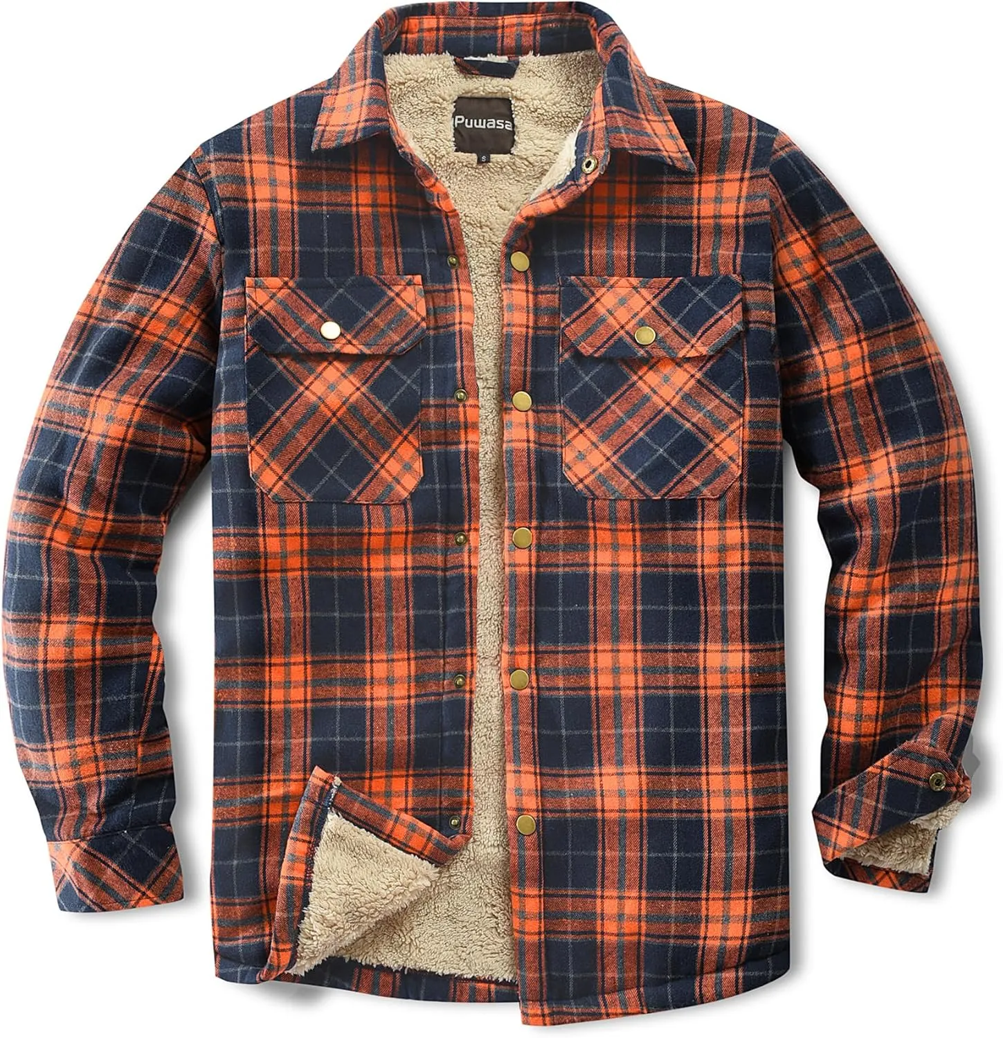 Men's Sherpa Lined Cotton Flannel Shirt Jacket Plaid Button Up Jacket Coat for Men with Pocket