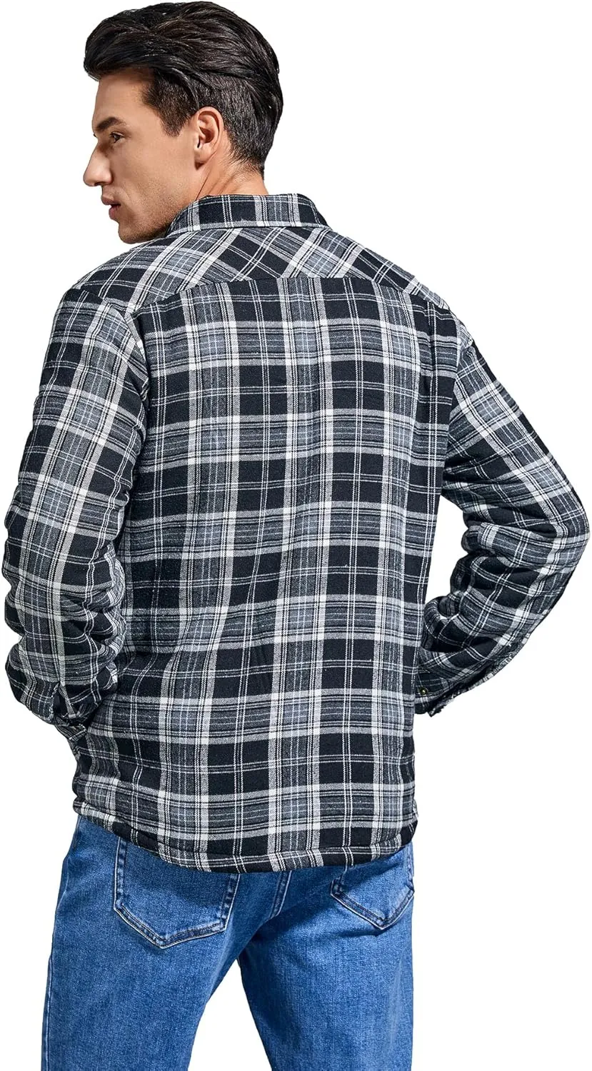 Men's Sherpa Lined Cotton Flannel Shirt Jacket Plaid Button Up Jacket Coat for Men with Pocket