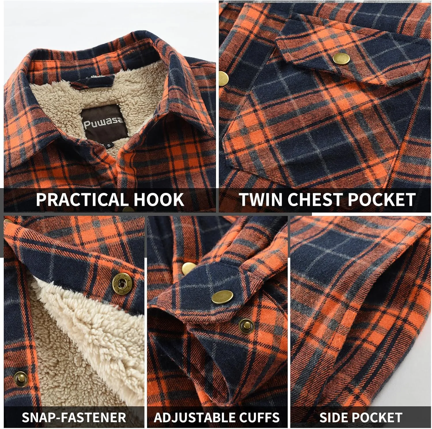 Men's Sherpa Lined Cotton Flannel Shirt Jacket Plaid Button Up Jacket Coat for Men with Pocket