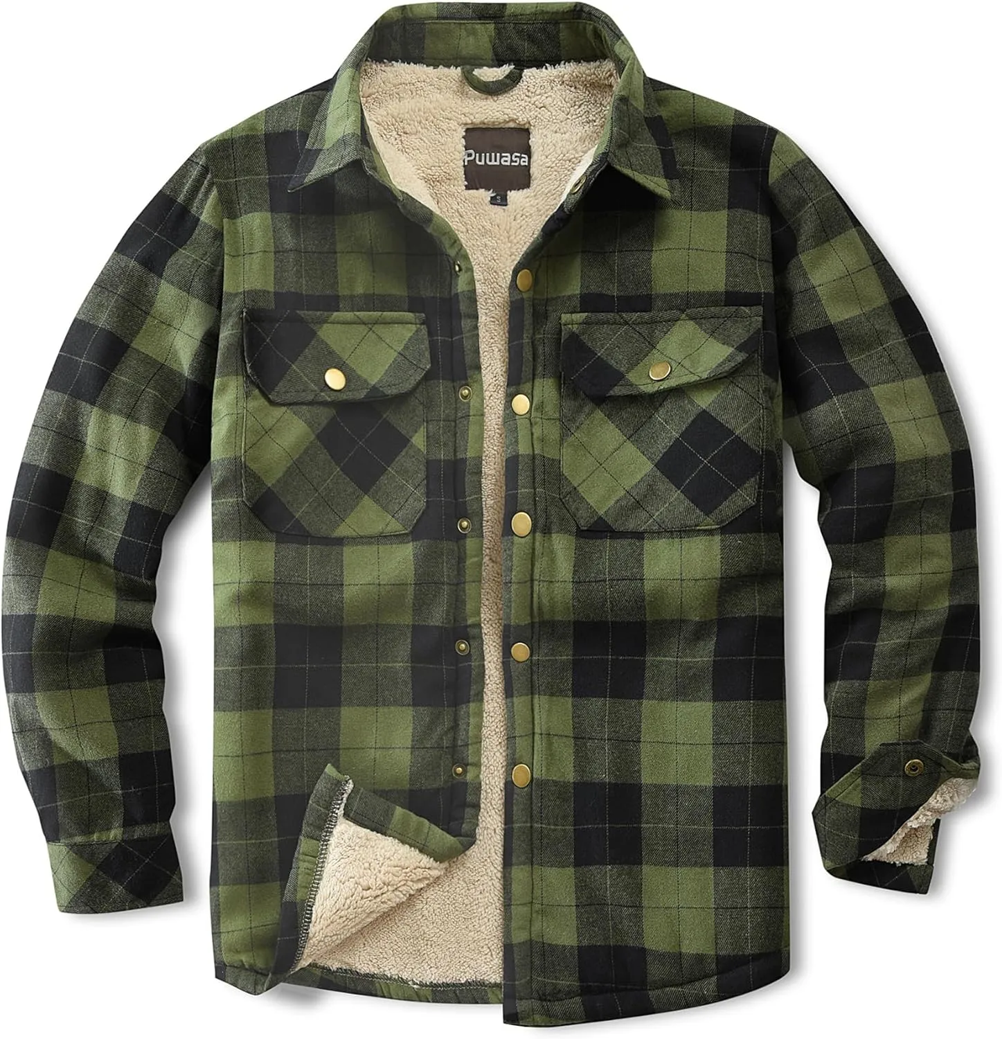 Men's Sherpa Lined Cotton Flannel Shirt Jacket Plaid Button Up Jacket Coat for Men with Pocket