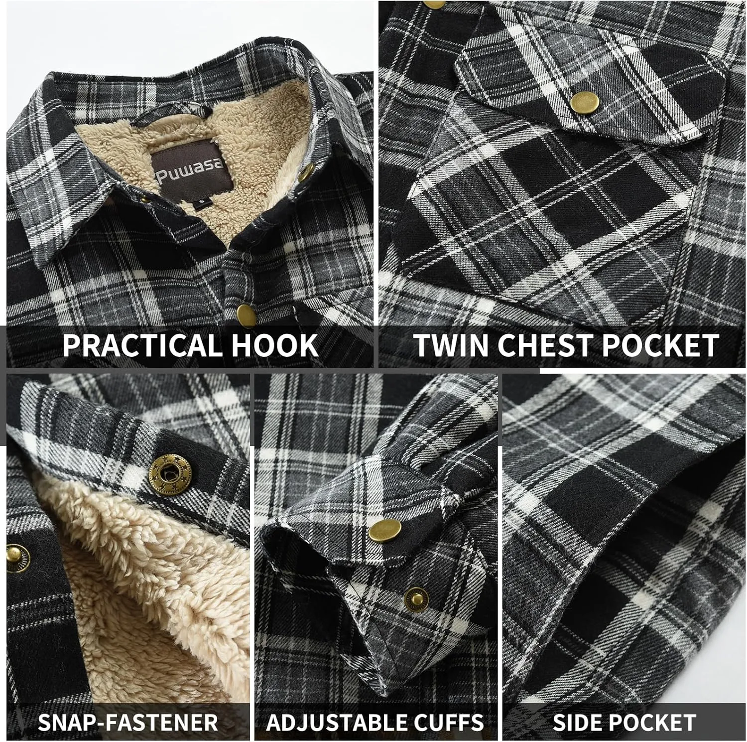 Men's Sherpa Lined Cotton Flannel Shirt Jacket Plaid Button Up Jacket Coat for Men with Pocket