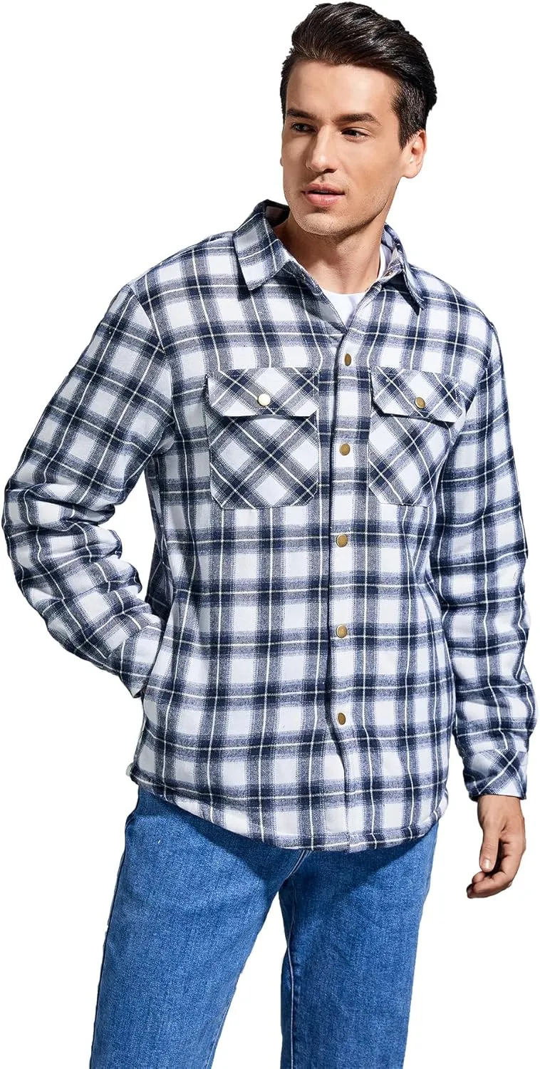 Men's Sherpa Lined Cotton Flannel Shirt Jacket Plaid Button Up Jacket Coat for Men with Pocket