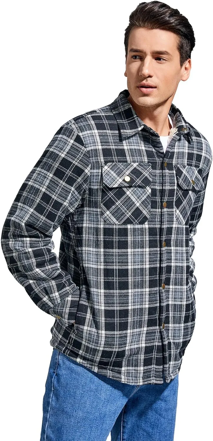 Men's Sherpa Lined Cotton Flannel Shirt Jacket Plaid Button Up Jacket Coat for Men with Pocket