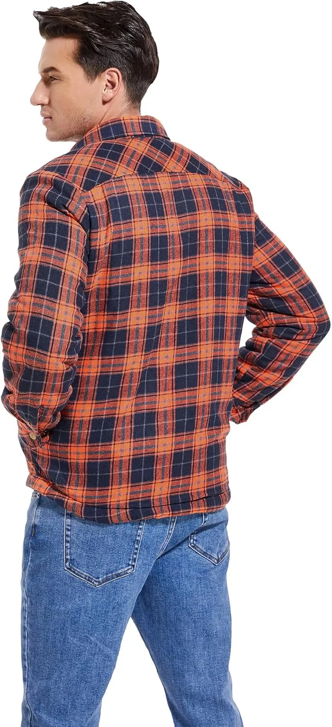 Men's Sherpa Lined Cotton Flannel Shirt Jacket Plaid Button Up Jacket Coat for Men with Pocket