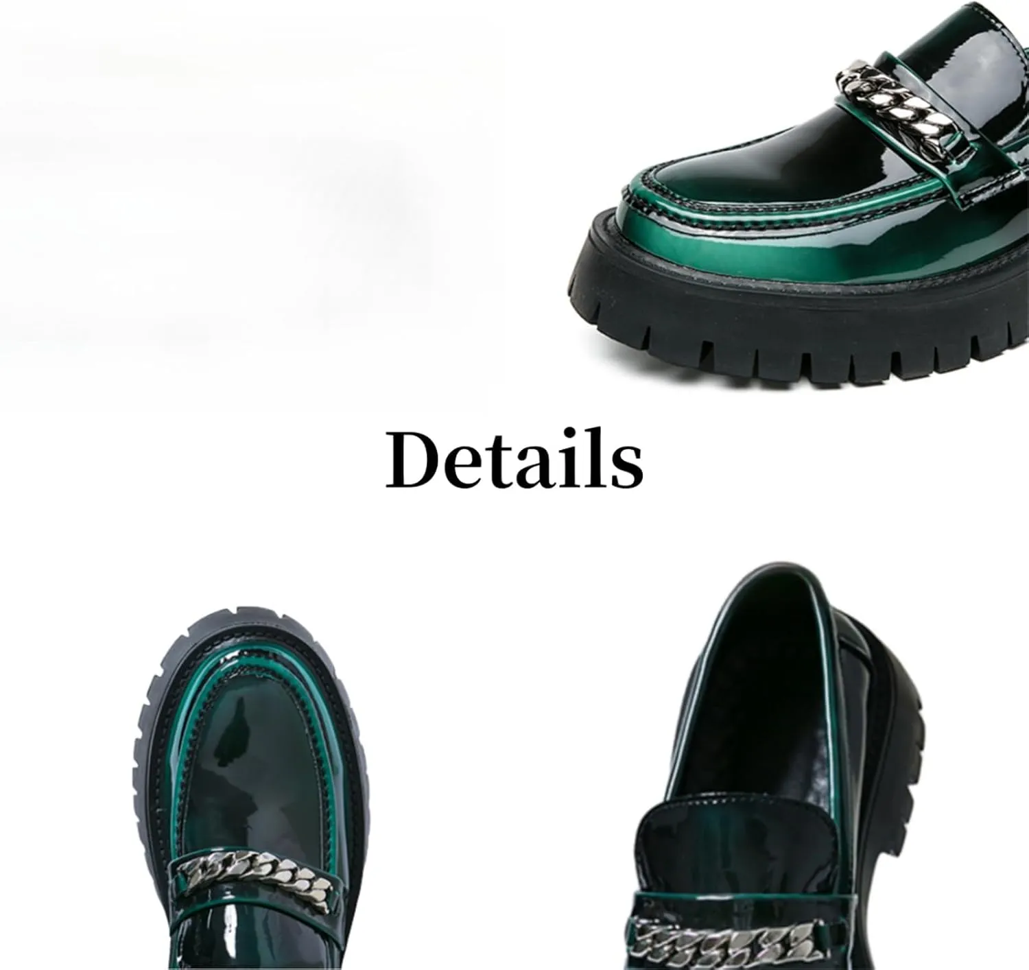 Men's Shiny Metallic Leather Slip-On Loafers with Chain Detail Lightweight Round Toe Chunky Sole Moccasins for Party Casual and Daily Wear