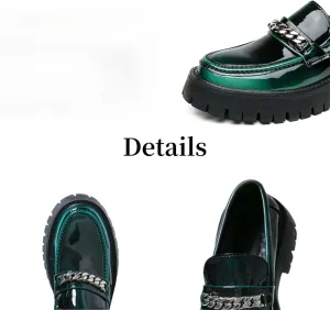 Men's Shiny Metallic Leather Slip-On Loafers with Chain Detail Lightweight Round Toe Chunky Sole Moccasins for Party Casual and Daily Wear