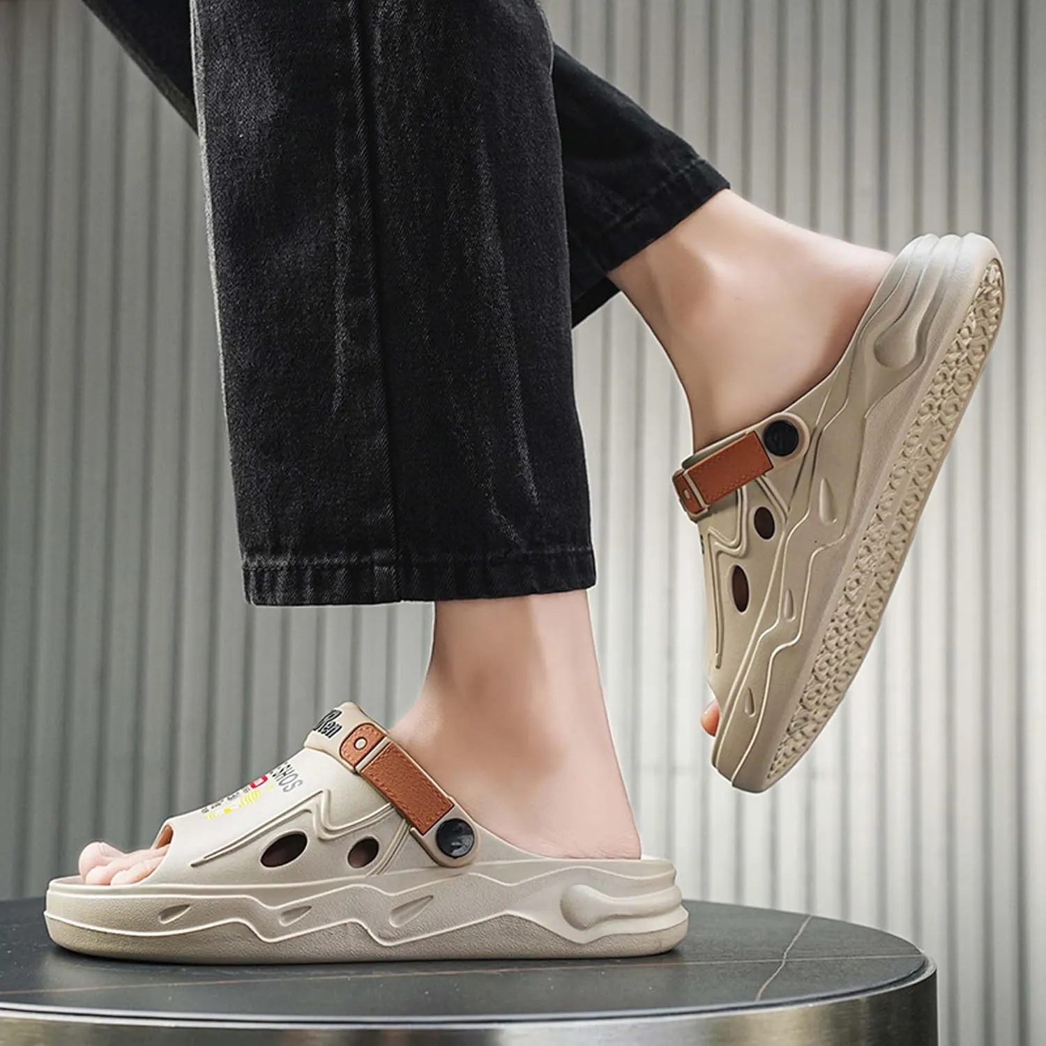 Men's Slip On Ultra Light Breathable Sandals Adjustable Slippers High Elastic Soft Arch Support Waterproof Sandals White