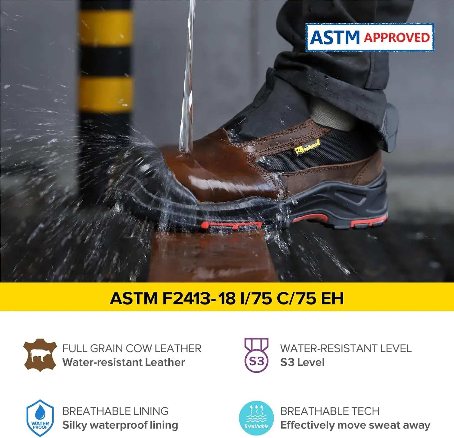 Men's Slip On Work Shoes Low Height Composite Toe Cow Leather Safety Shoes Lightweight Comfortable Sneakers for Industrial