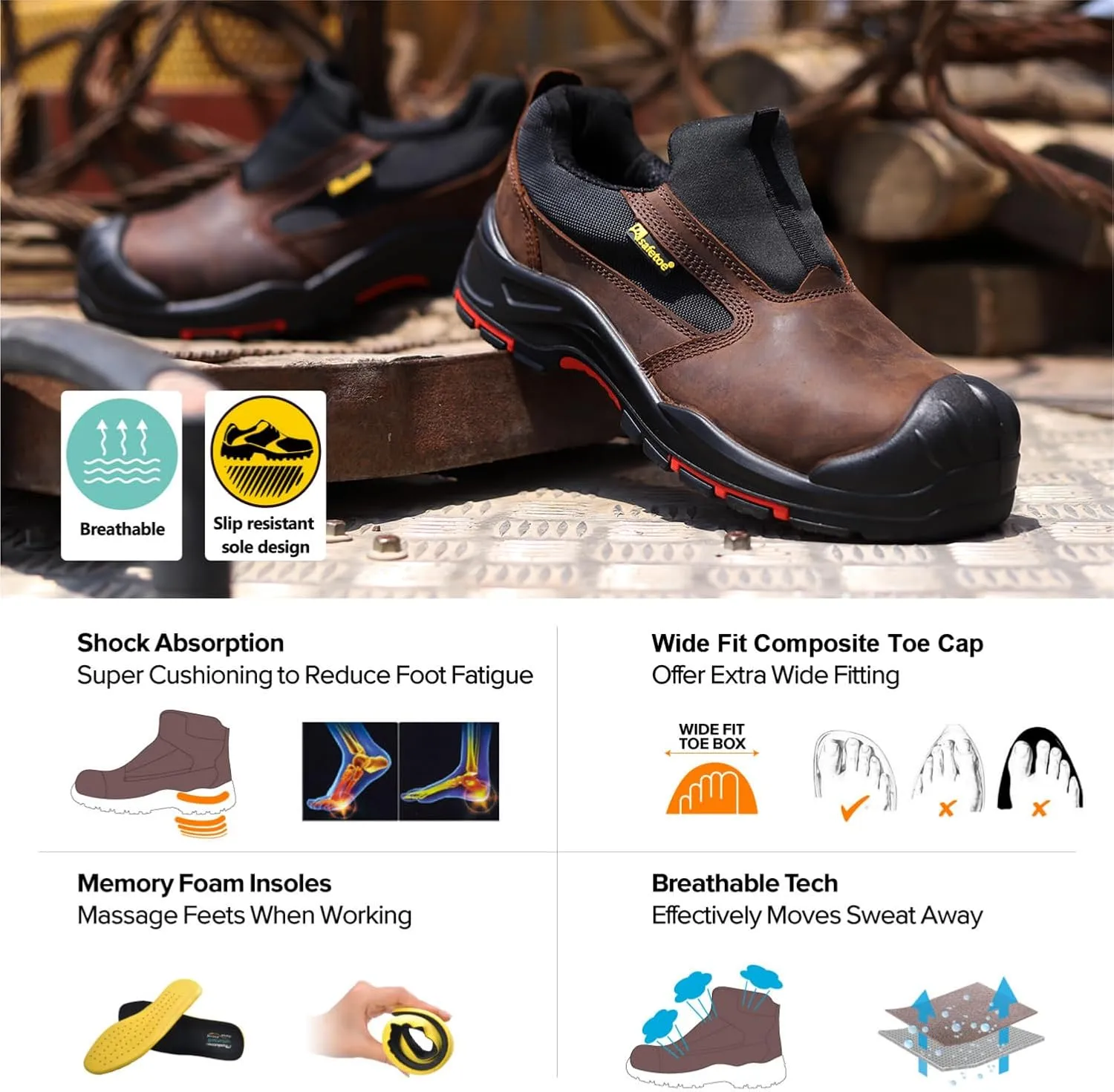 Men's Slip On Work Shoes Low Height Composite Toe Cow Leather Safety Shoes Lightweight Comfortable Sneakers for Industrial