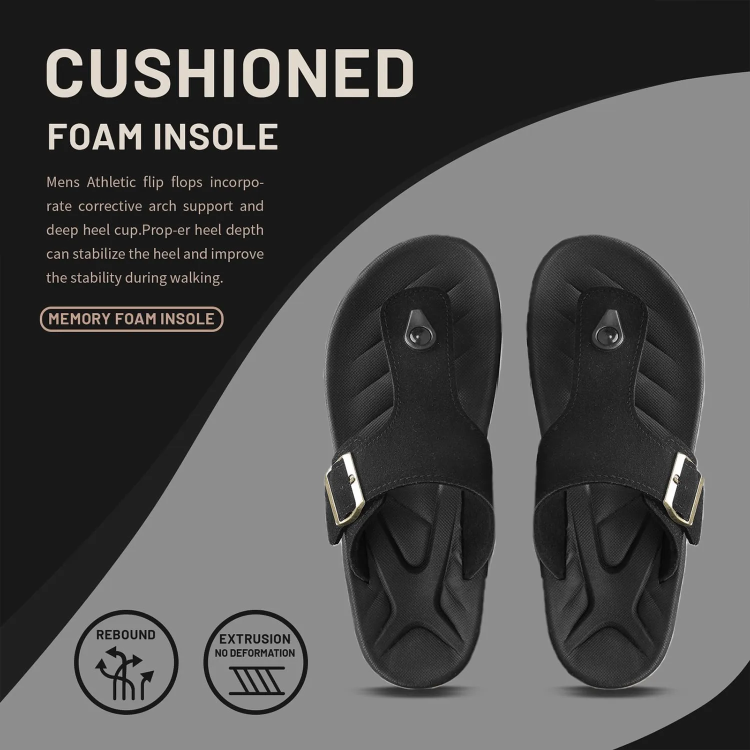 Mens Thong Sandals Adjustable Buckles Open Toe Summer Beach Flip Flops for Men, Soft Cushion Arch Support