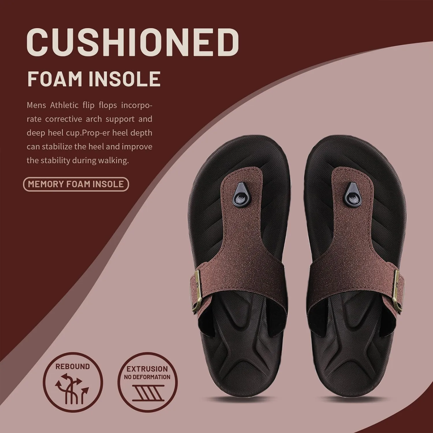 Mens Thong Sandals Adjustable Buckles Open Toe Summer Beach Flip Flops for Men, Soft Cushion Arch Support