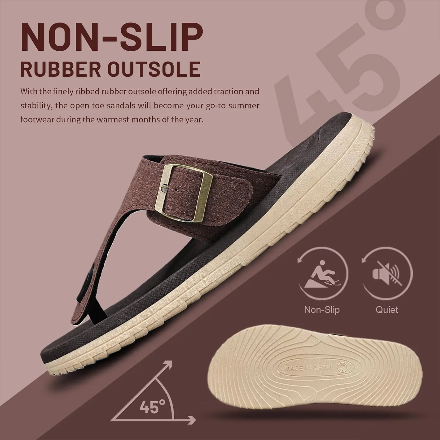 Mens Thong Sandals Adjustable Buckles Open Toe Summer Beach Flip Flops for Men, Soft Cushion Arch Support