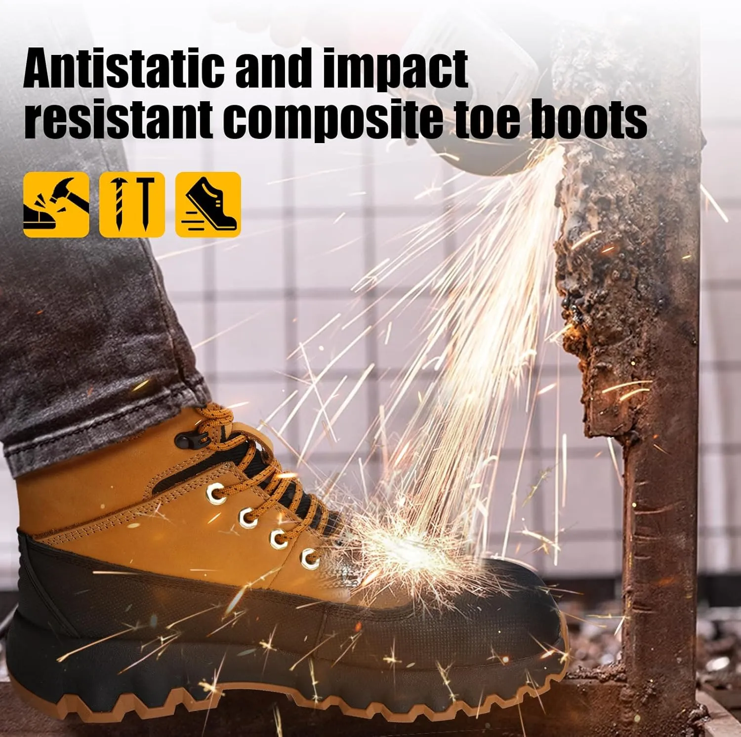 Mens work boots Composite Toe Boots for Men Genuine Leather Rubber Sole No Slip Waterproof Shoes Industrial & Construction Safety boots