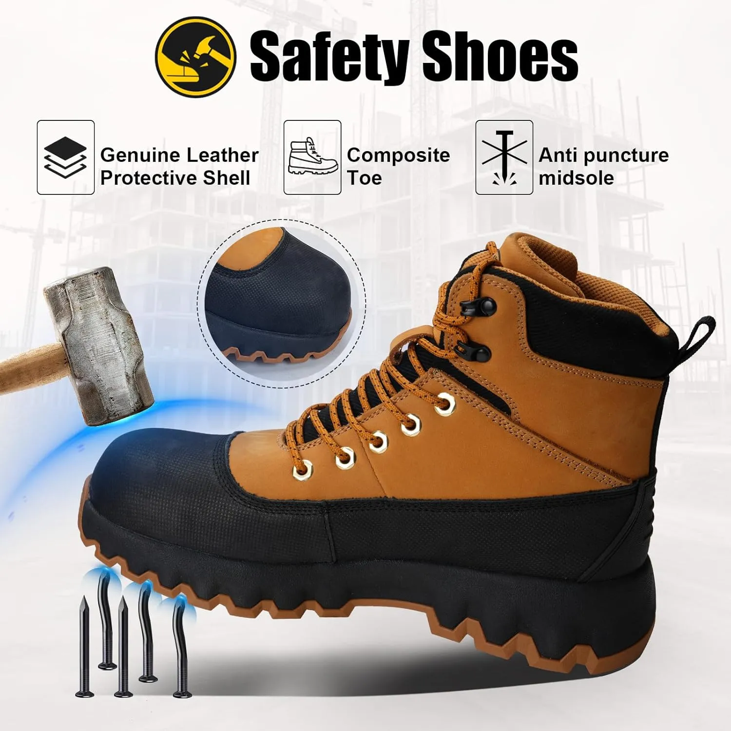 Mens work boots Composite Toe Boots for Men Genuine Leather Rubber Sole No Slip Waterproof Shoes Industrial & Construction Safety boots