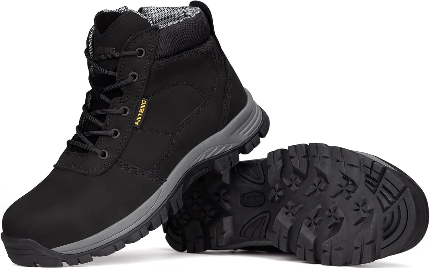 Mens Work Boots, Nubuck Leather Steel Toes Safety Footwear, Slip Resistent YKK Zipper Protective Shoes, 6 inch, Anti-Puncturing, Anti-Static, Lightweight (AT801-2, Black)