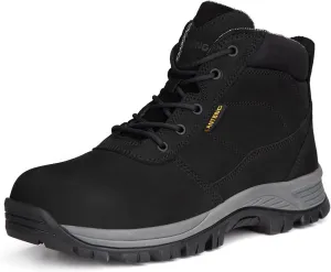 Mens Work Boots, Nubuck Leather Steel Toes Safety Footwear, Slip Resistent YKK Zipper Protective Shoes, 6 inch, Anti-Puncturing, Anti-Static, Lightweight (AT801-2, Black)