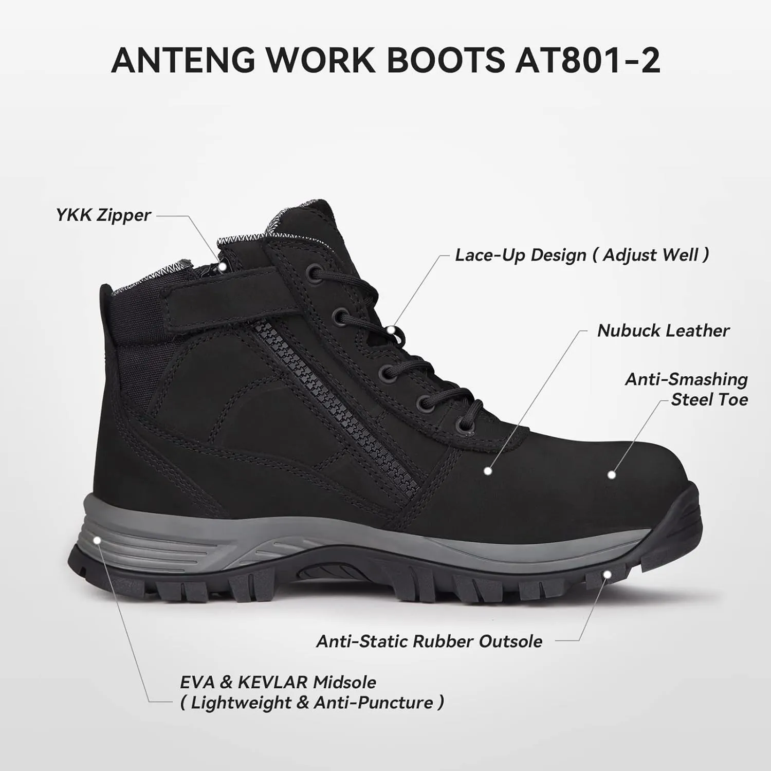 Mens Work Boots, Nubuck Leather Steel Toes Safety Footwear, Slip Resistent YKK Zipper Protective Shoes, 6 inch, Anti-Puncturing, Anti-Static, Lightweight (AT801-2, Black)