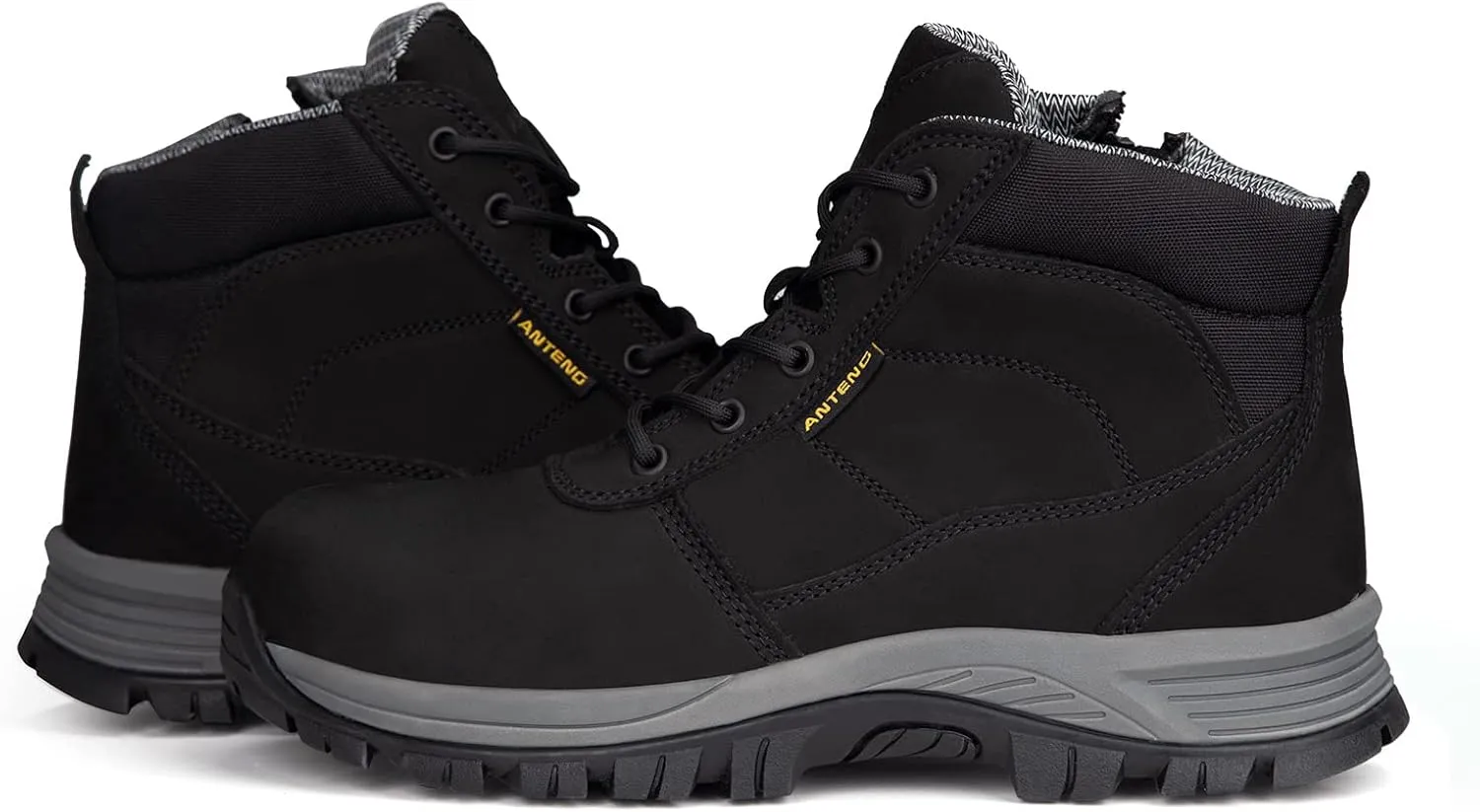 Mens Work Boots, Nubuck Leather Steel Toes Safety Footwear, Slip Resistent YKK Zipper Protective Shoes, 6 inch, Anti-Puncturing, Anti-Static, Lightweight (AT801-2, Black)