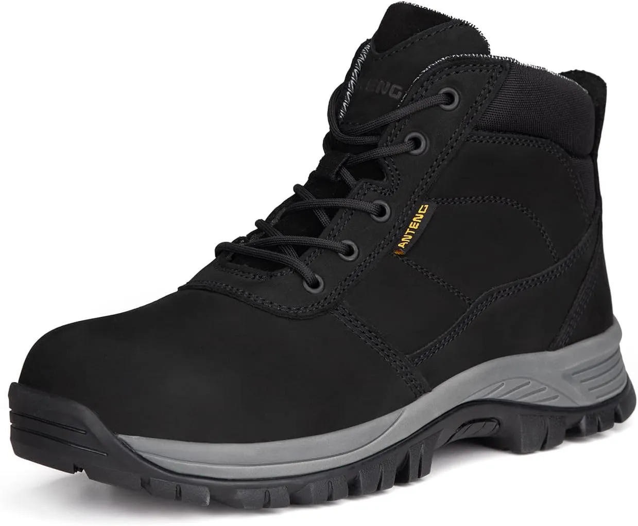 Mens Work Boots, Nubuck Leather Steel Toes Safety Footwear, Slip Resistent YKK Zipper Protective Shoes, 6 inch, Anti-Puncturing, Anti-Static, Lightweight (AT801-2, Black)