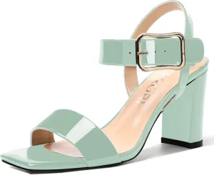 MERRORI Womens Ankle Strap Patent Mule Open Toe Sexy Dating Buckle Chunky High Heel Heeled Sandals 3.3 Inch