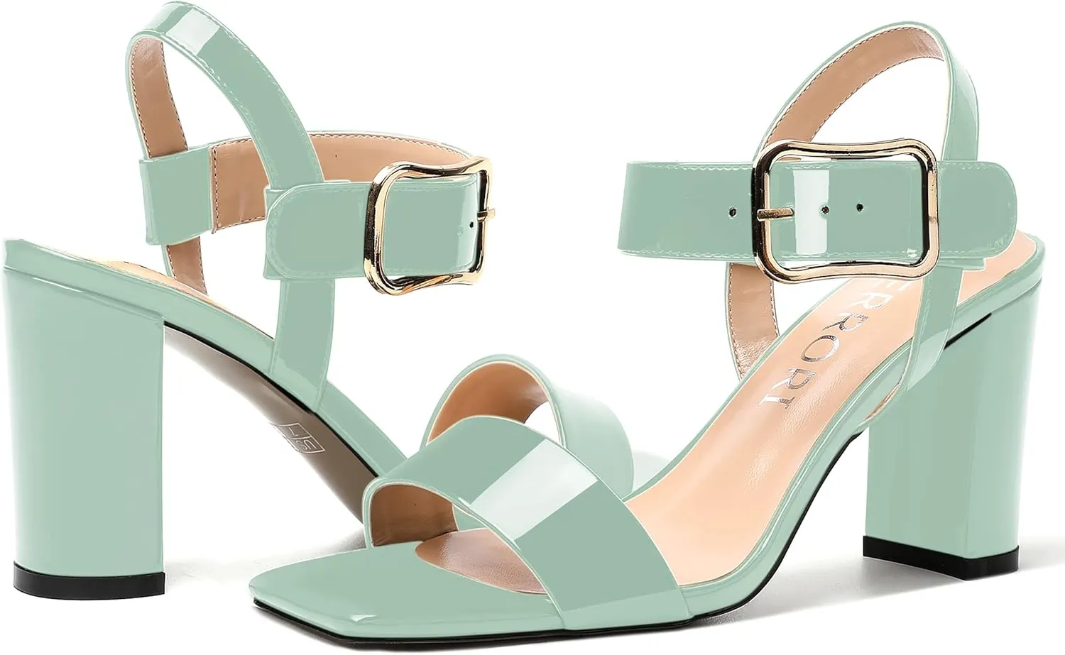 MERRORI Womens Ankle Strap Patent Mule Open Toe Sexy Dating Buckle Chunky High Heel Heeled Sandals 3.3 Inch